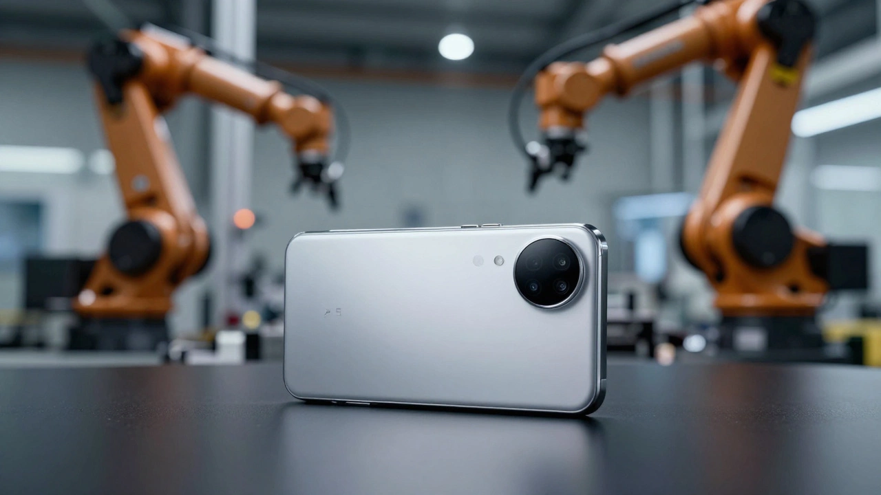 Polished gadget on surface with blurred robotic factory background.