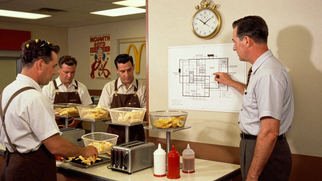 Ray Kroc examining a kitchen blueprint in a 1950s McDonald's construction site, with standardized equipment being installed.