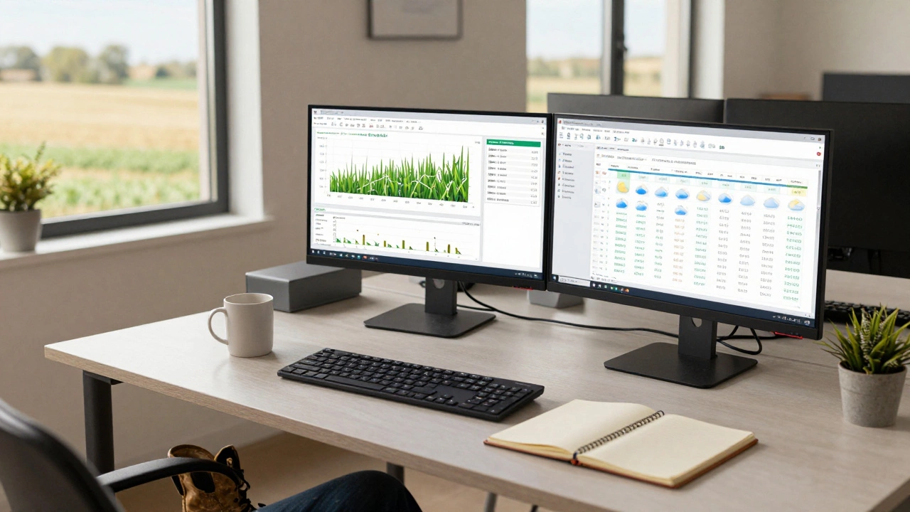 Someone analyzing farm data on monitors in a rural office, with muddy boots visible under the desk.
