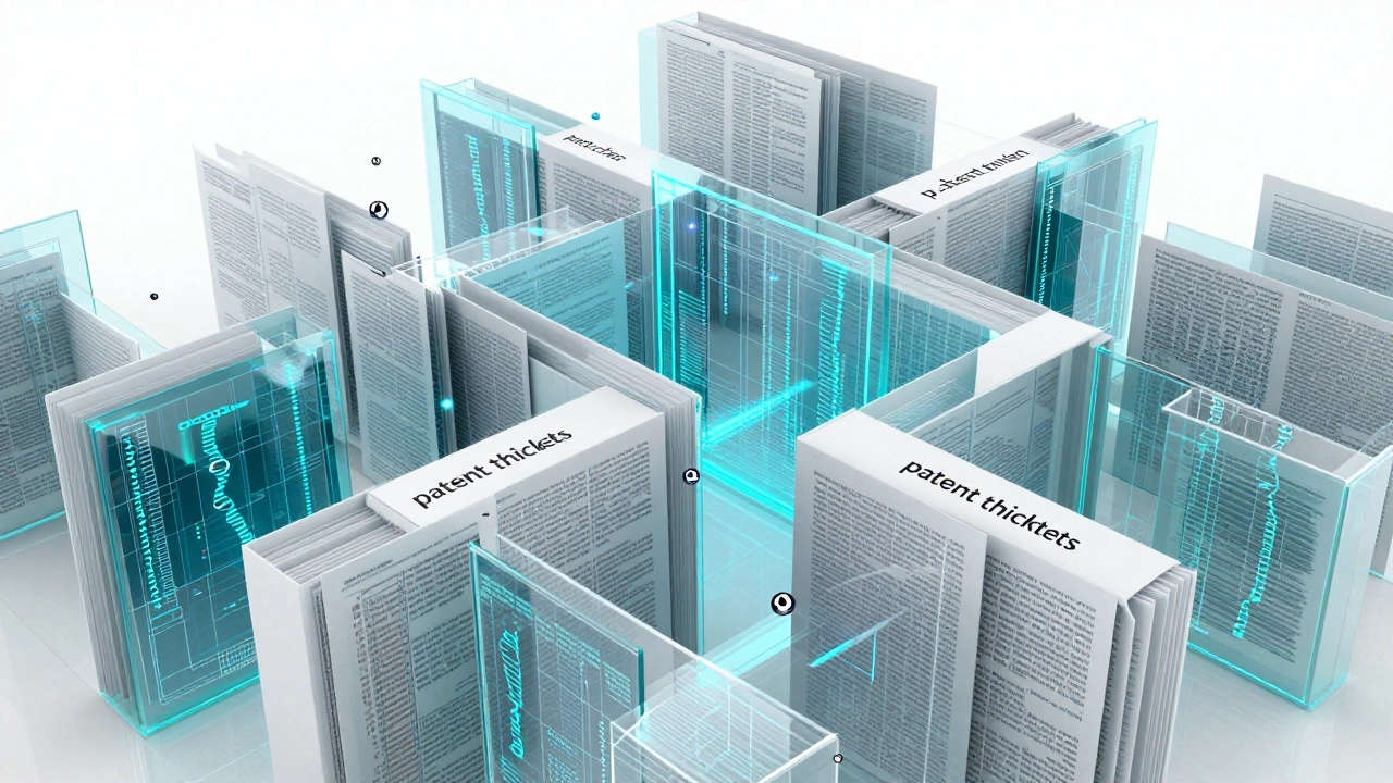 A complex maze made of holographic legal documents and genetic blueprints