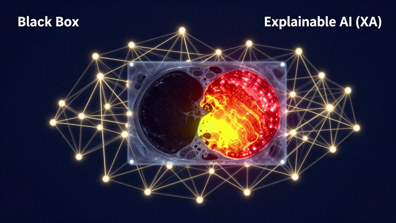 A conceptual 3D neural network transforming into a medical heat map on a biopsy slide