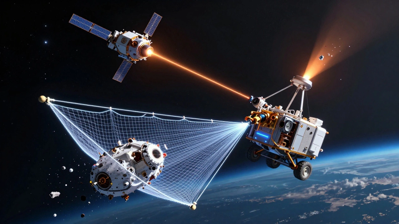 A futuristic spacecraft using a giant net to capture a defunct satellite in space.