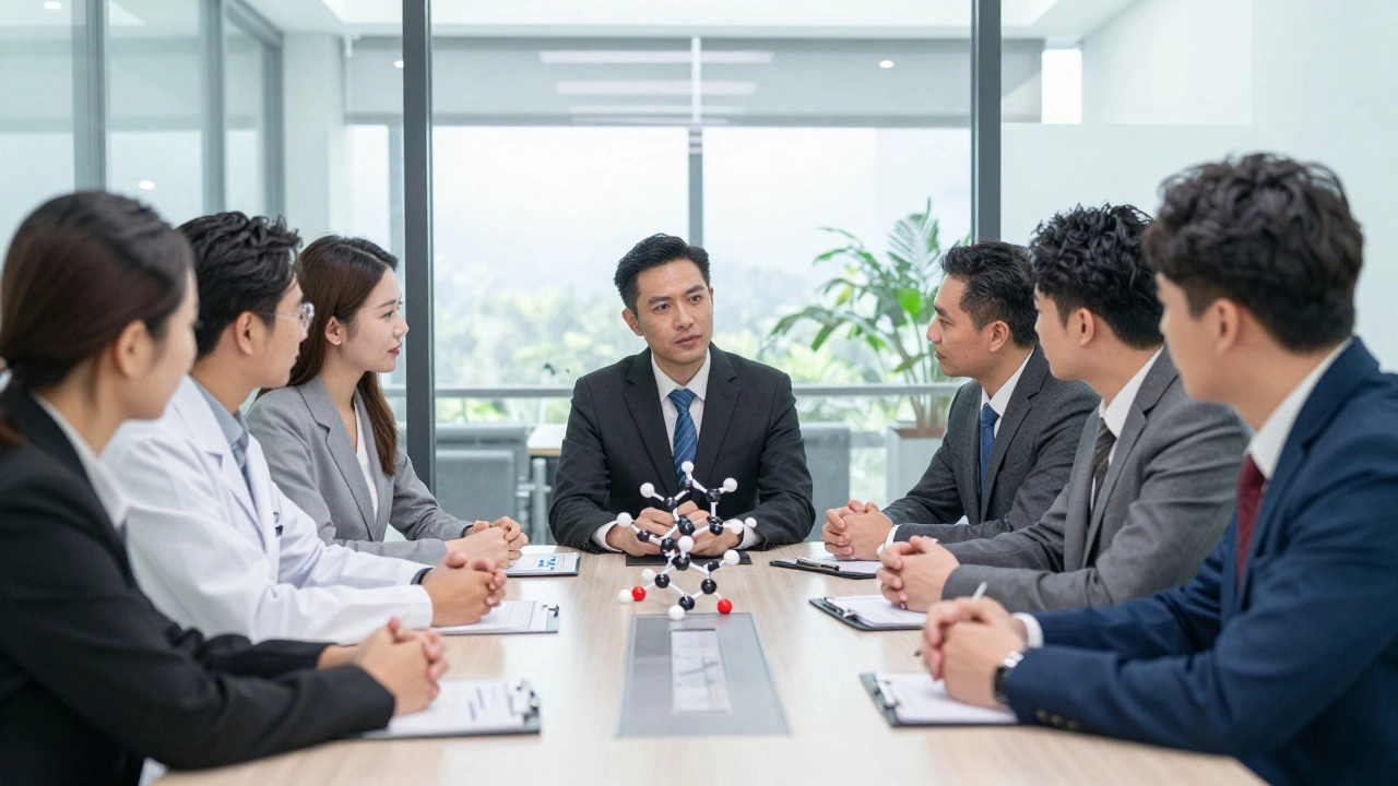 A scientist and business executives meeting with a mediator in a modern boardroom.