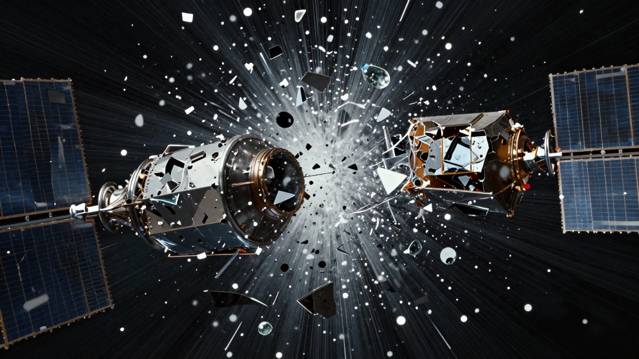 A violent collision between two pieces of space junk creating a cloud of shrapnel in orbit.