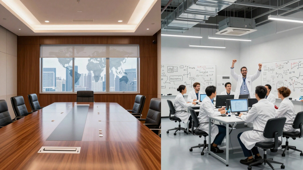 Contrast between a corporate boardroom and a high-energy biotech startup office