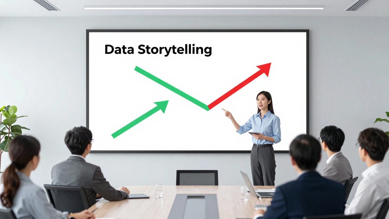 Data scientist explaining a simple visual insight to a group of executives in a modern boardroom.