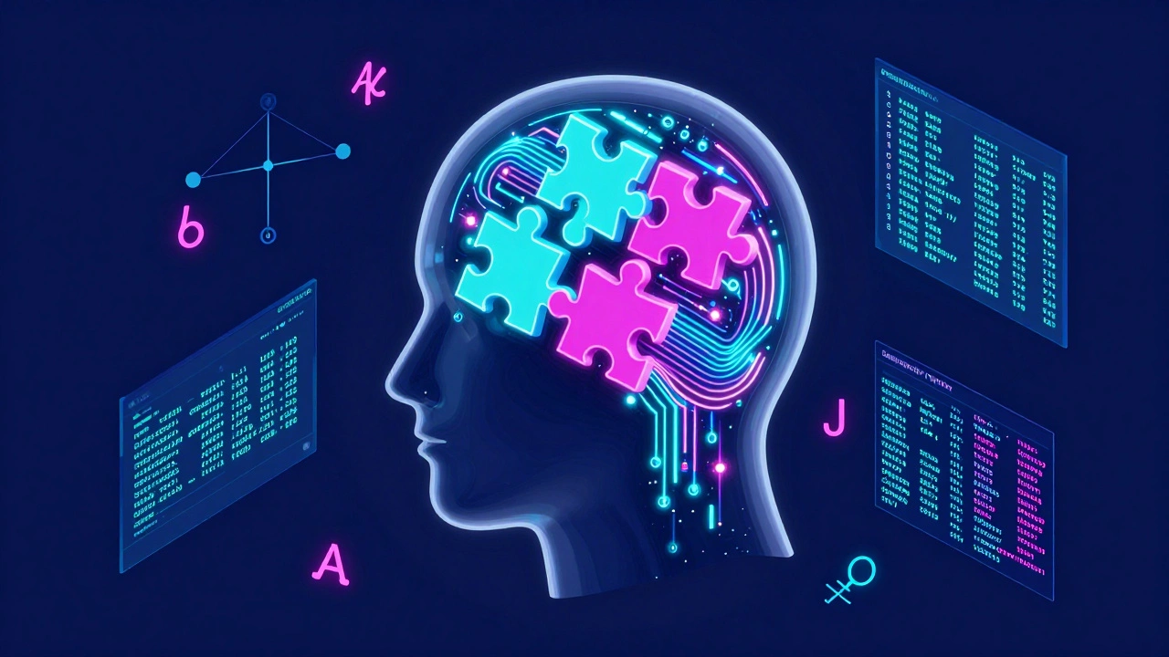Isometric 3D illustration of a head with glowing data streams and puzzle pieces forming patterns.