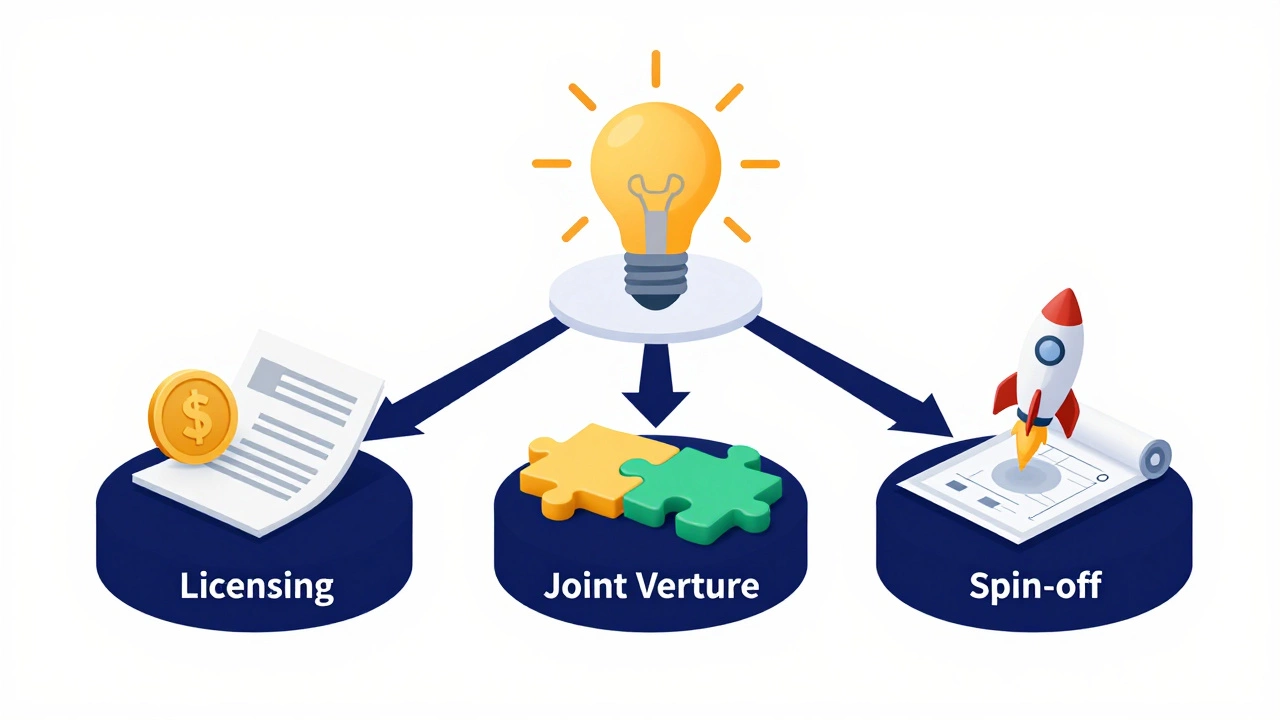 Isometric diagram showing licensing, joint ventures, and spin-off company paths.