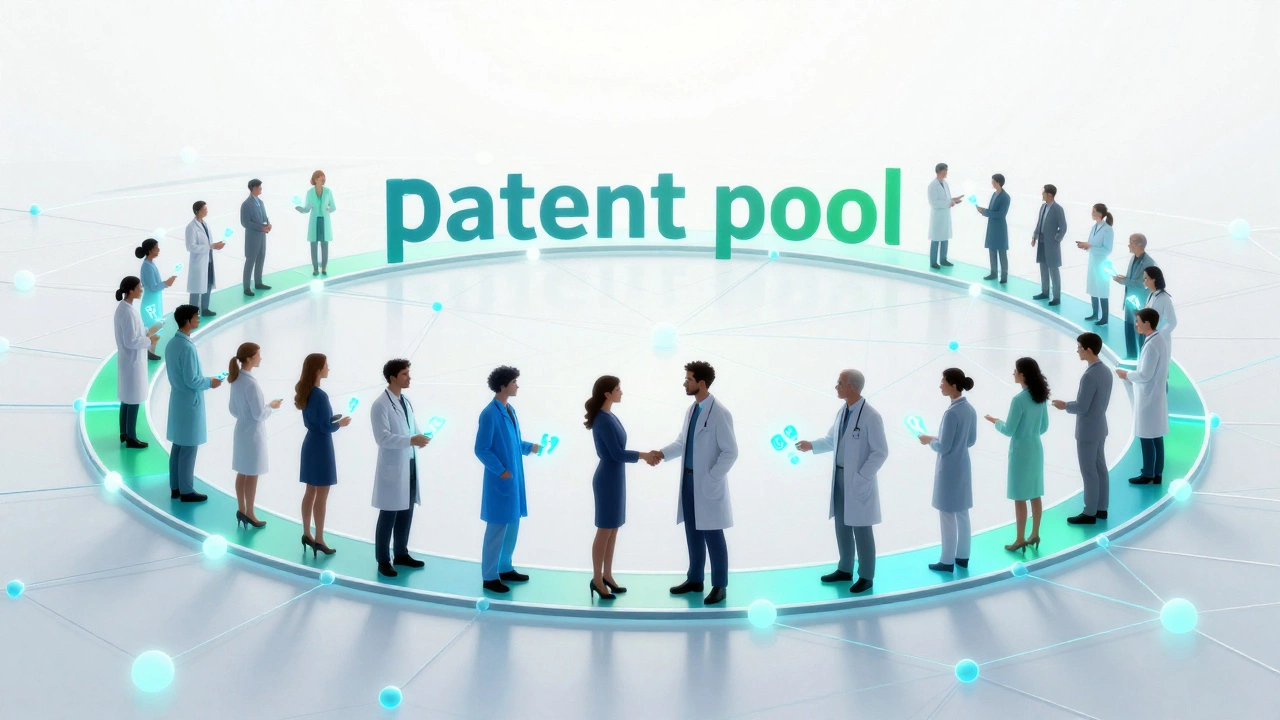 Scientists collaborating within a glowing digital network of shared data