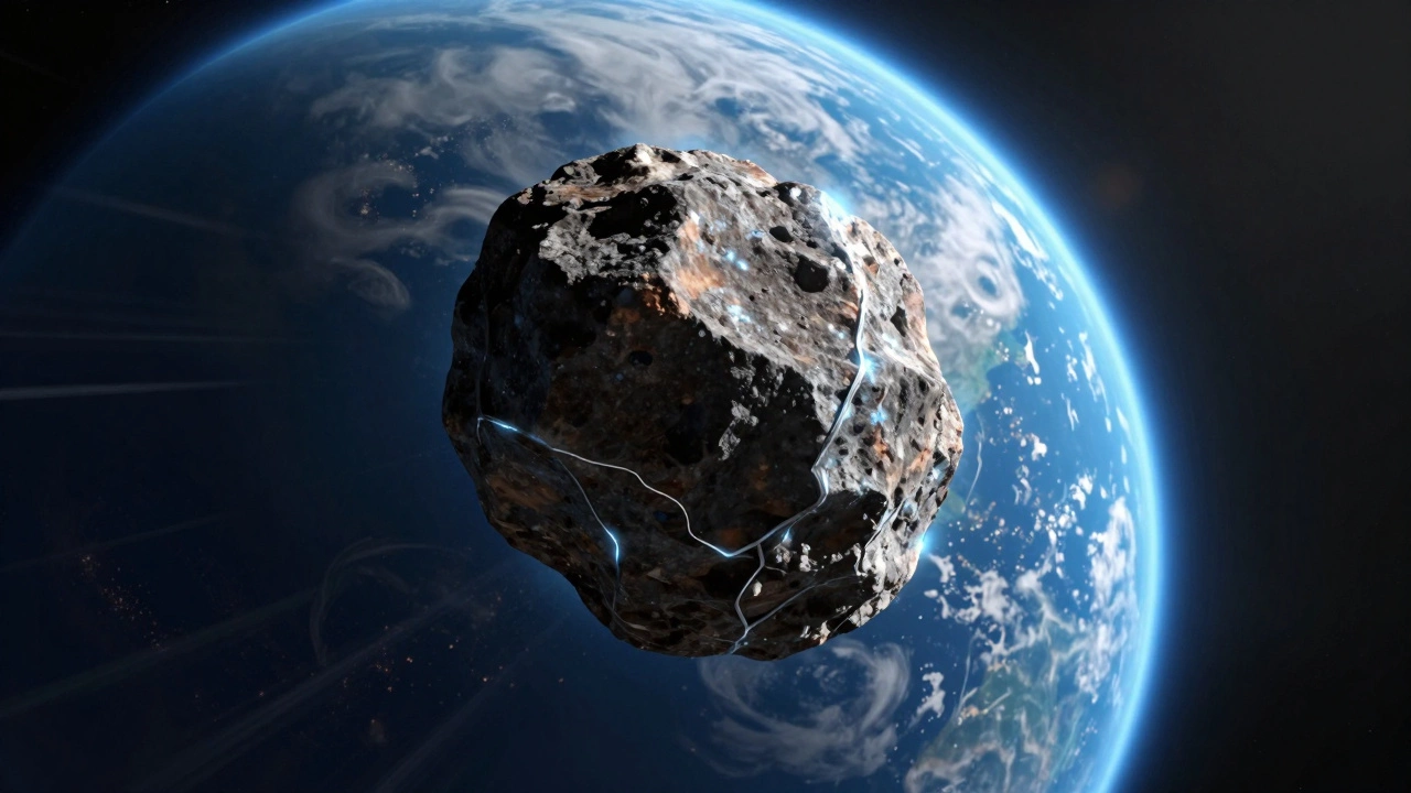 Asteroid approaching Earth with the planet visible in background.