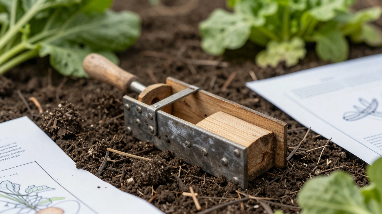 Close-up of a handmade open-source farming tool on soil with fresh vegetables nearby.