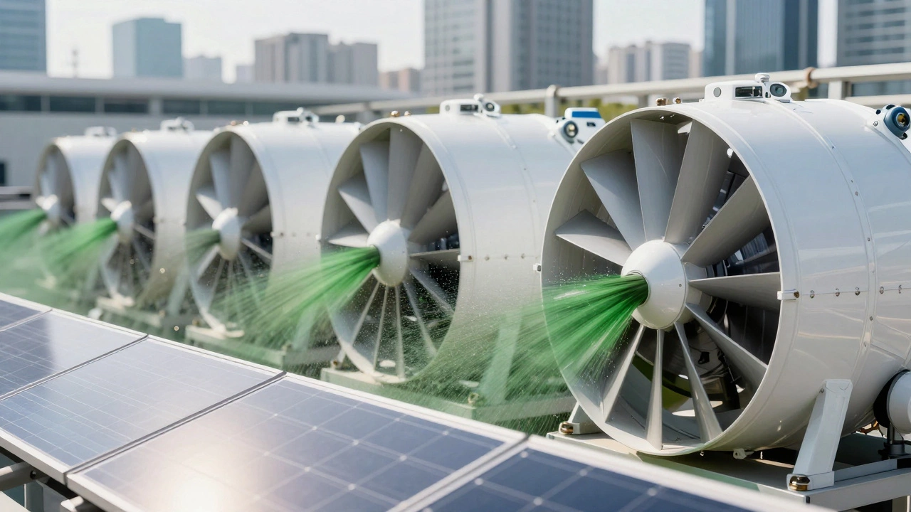 Close-up of carbon capture technology and solar panels in a clean city setting