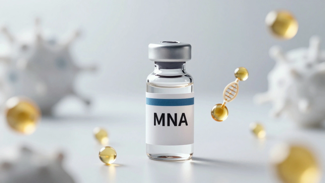 Close-up of mRNA vaccine vial with protective lipid nanoparticles in a sterile setting.