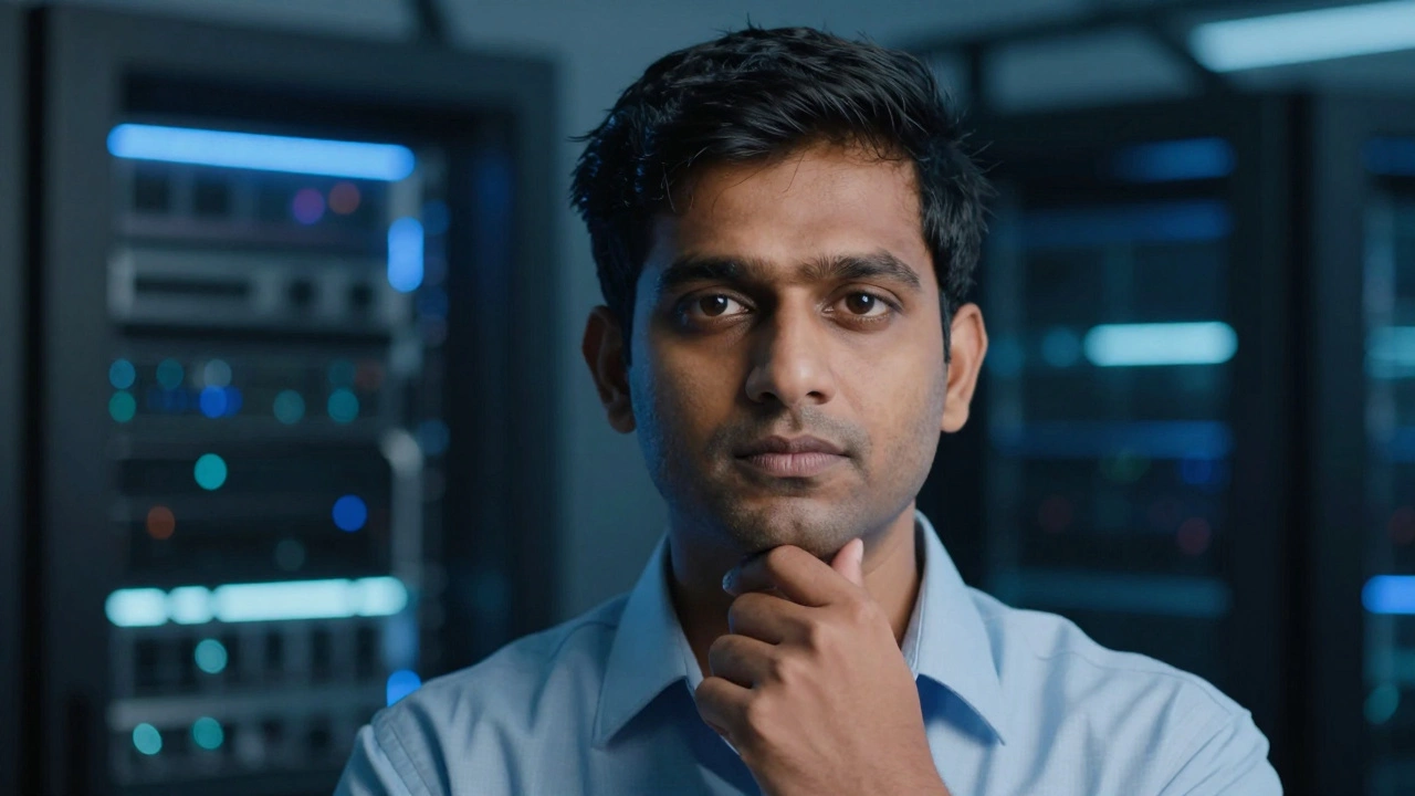 Confident Indian data scientist in a tech environment symbolizing expertise
