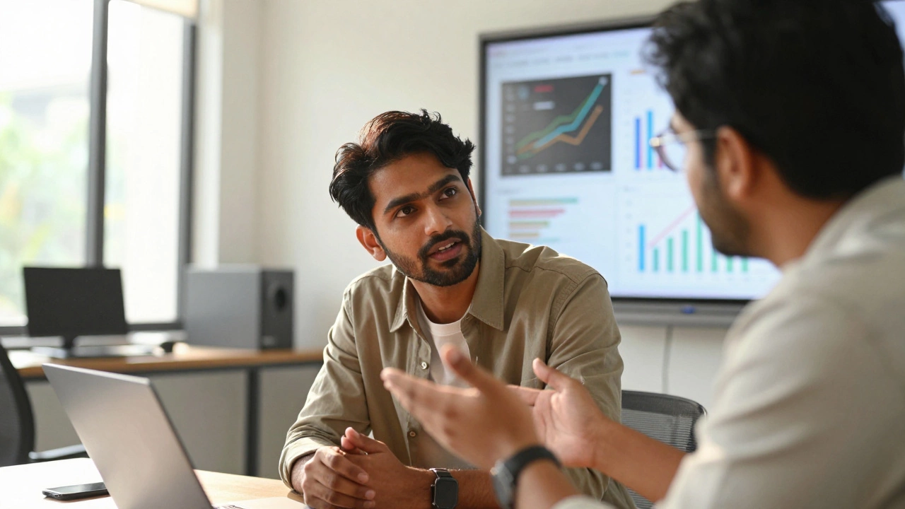Data scientist discussing project goals with a product manager in a meeting.