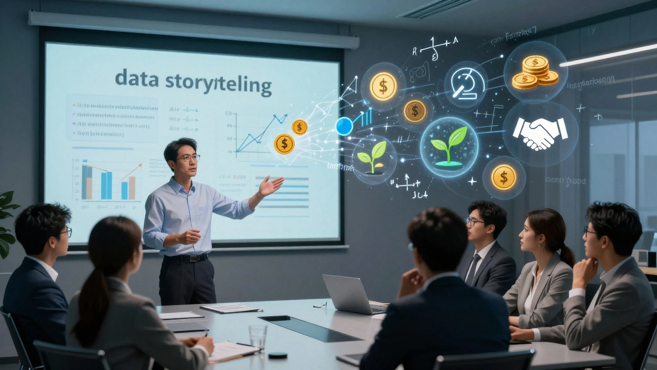 Data scientist presenting business insights to executives using clear visuals.