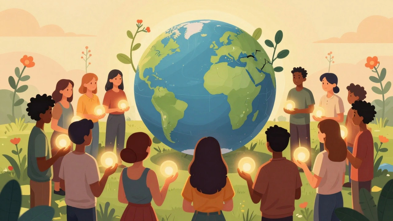 Diverse people holding lights around a healing globe symbolizing climate hope