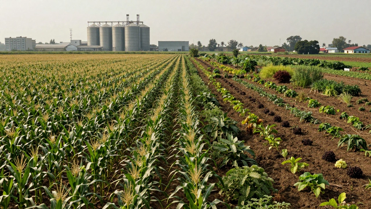 Divided field showing GMO crops battling superweeds, illustrating environmental risks.