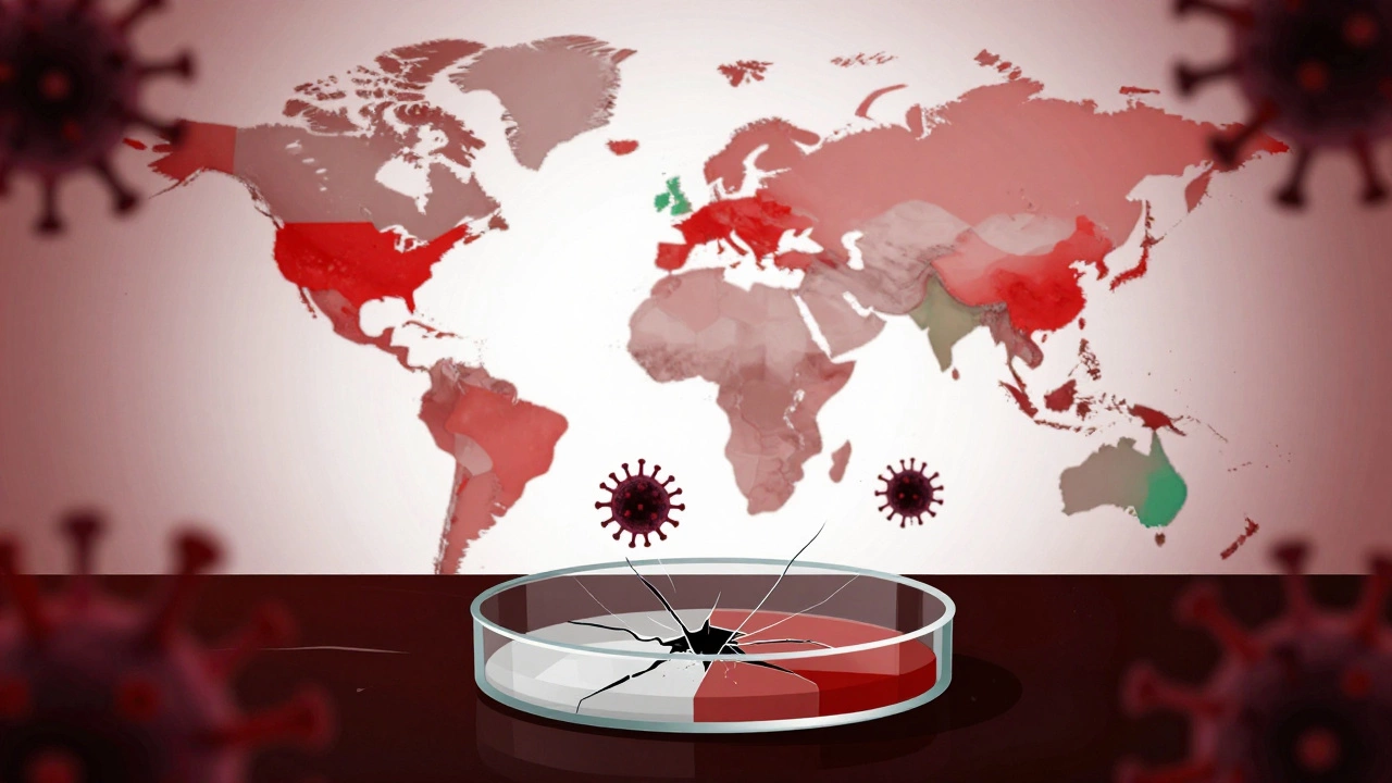 Escaping microbe from cracked petri dish over fragmented map, showing biosafety gaps.