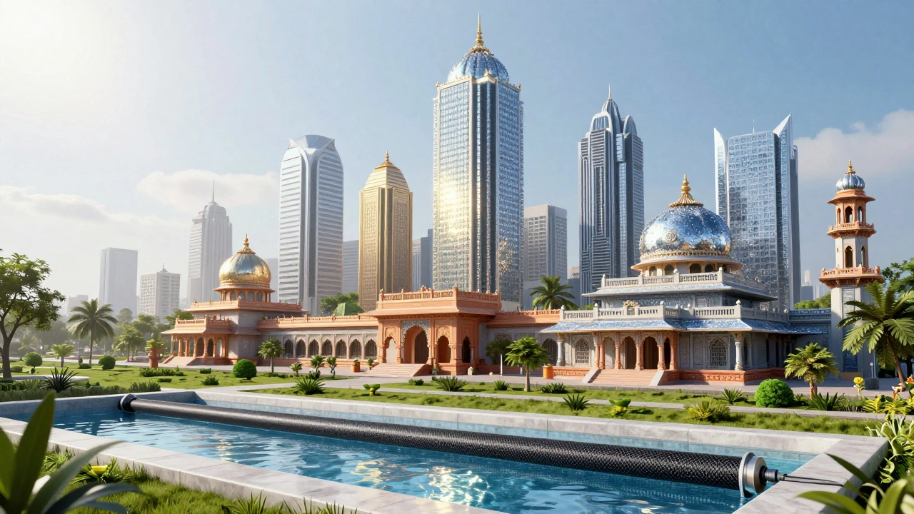 Futuristic Indian city with smog-eating buildings and water filters