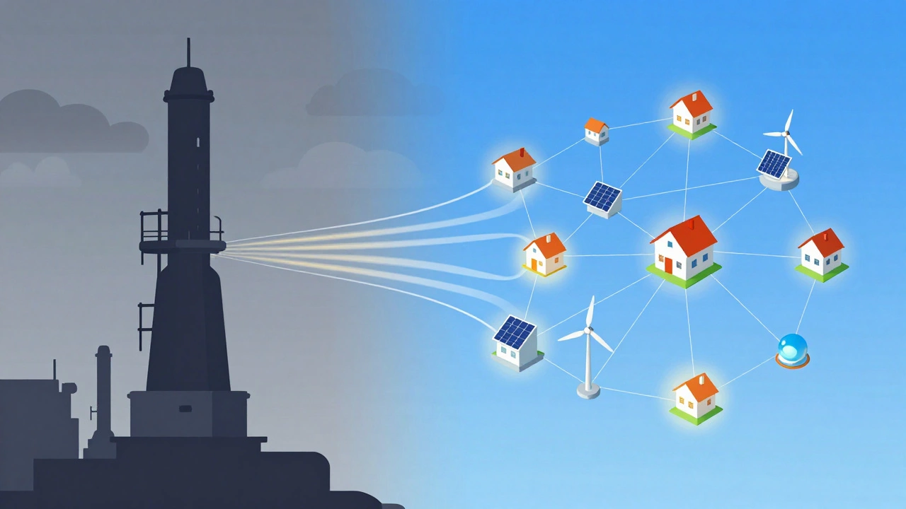 Illustration contrasting dark industrial towers with bright decentralized community energy networks.