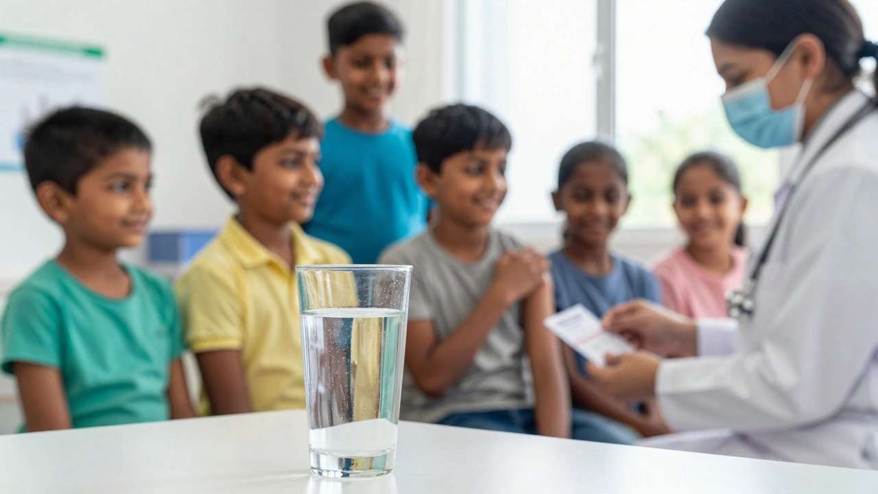 Indian children receiving vaccines and a glass of clean water