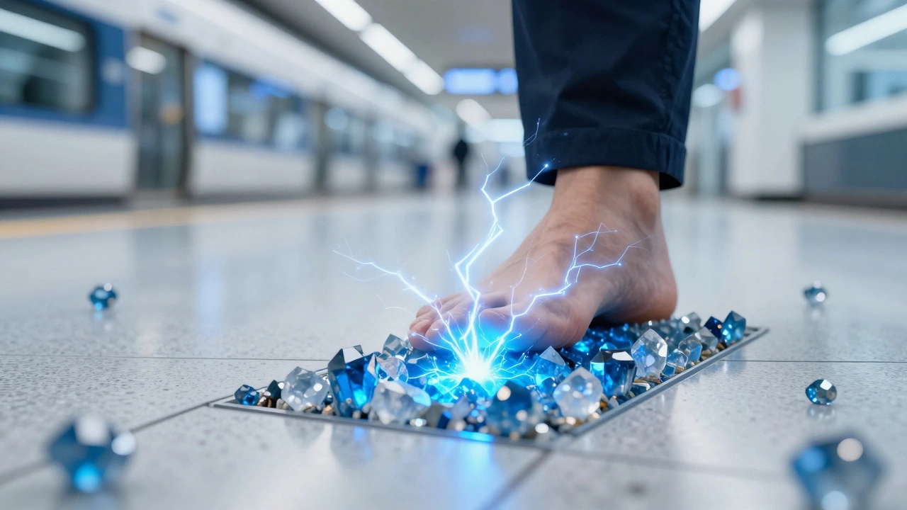 Macro view of foot pressing piezoelectric tile generating blue electric sparks