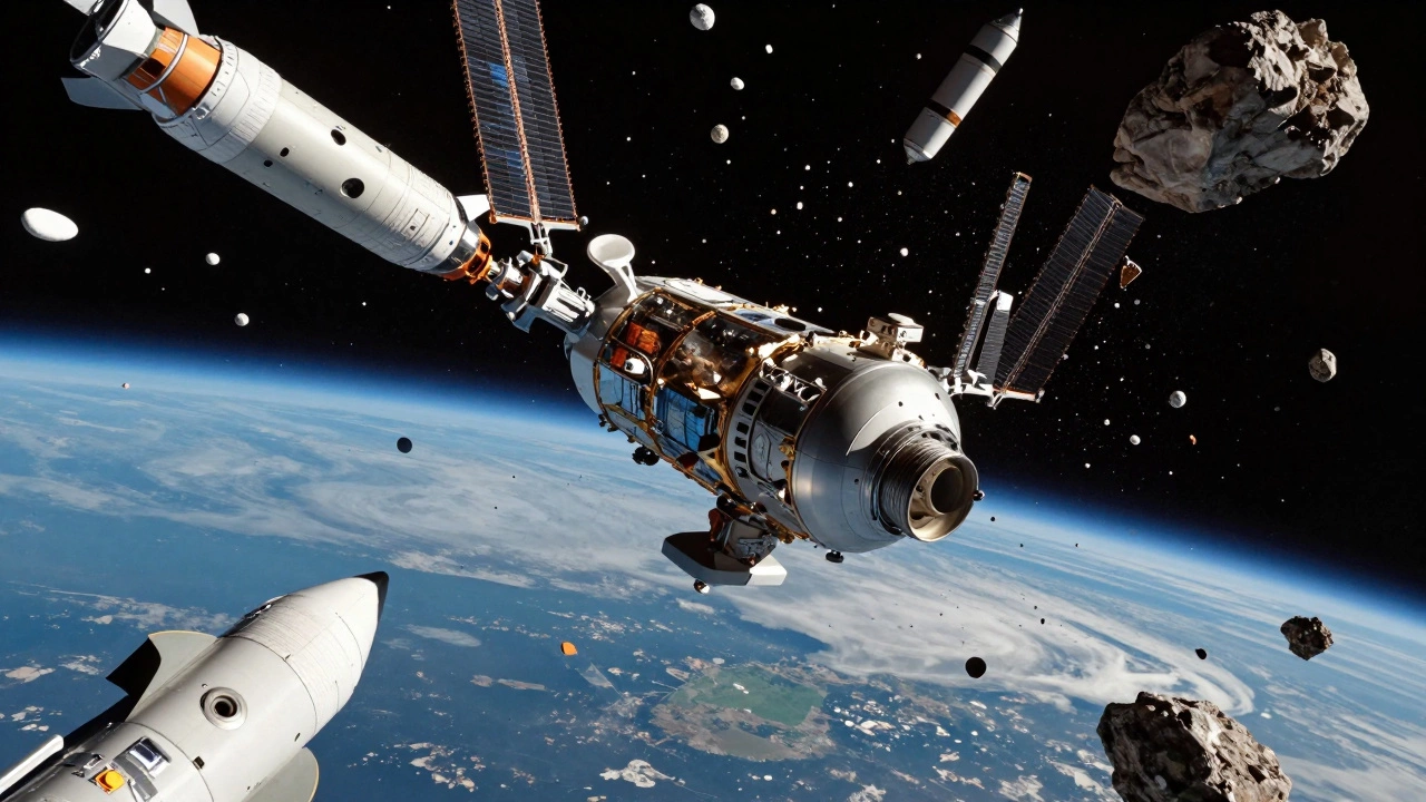 Satellite surrounded by space junk and debris in orbit above Earth.