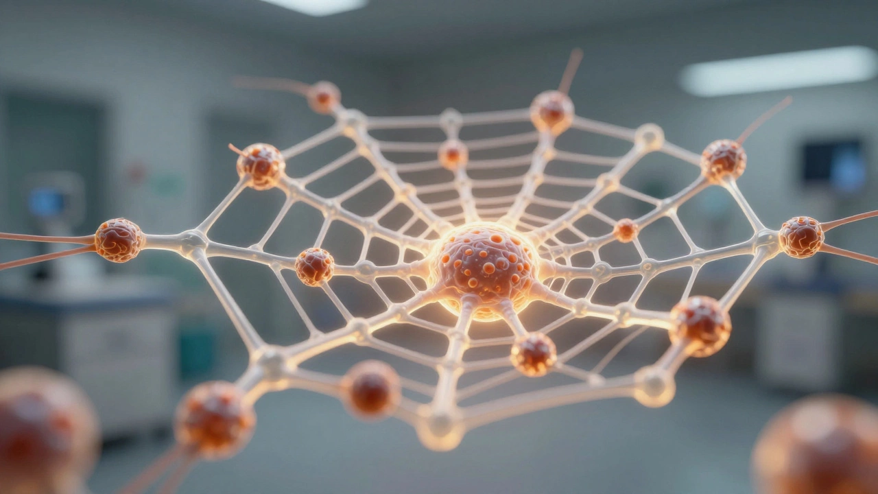 Stem cells growing on a microscopic nanoscaffold for tissue repair