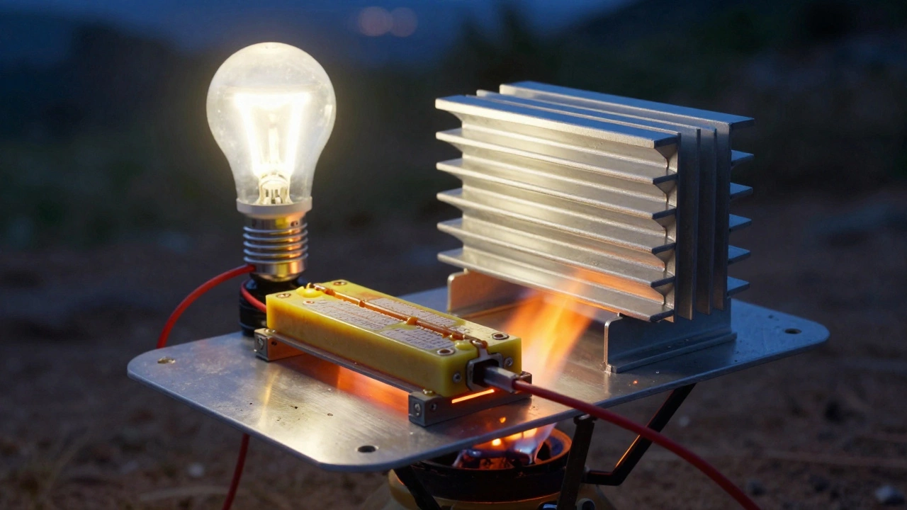 Thermoelectric generator on camping stove powering an LED light at night