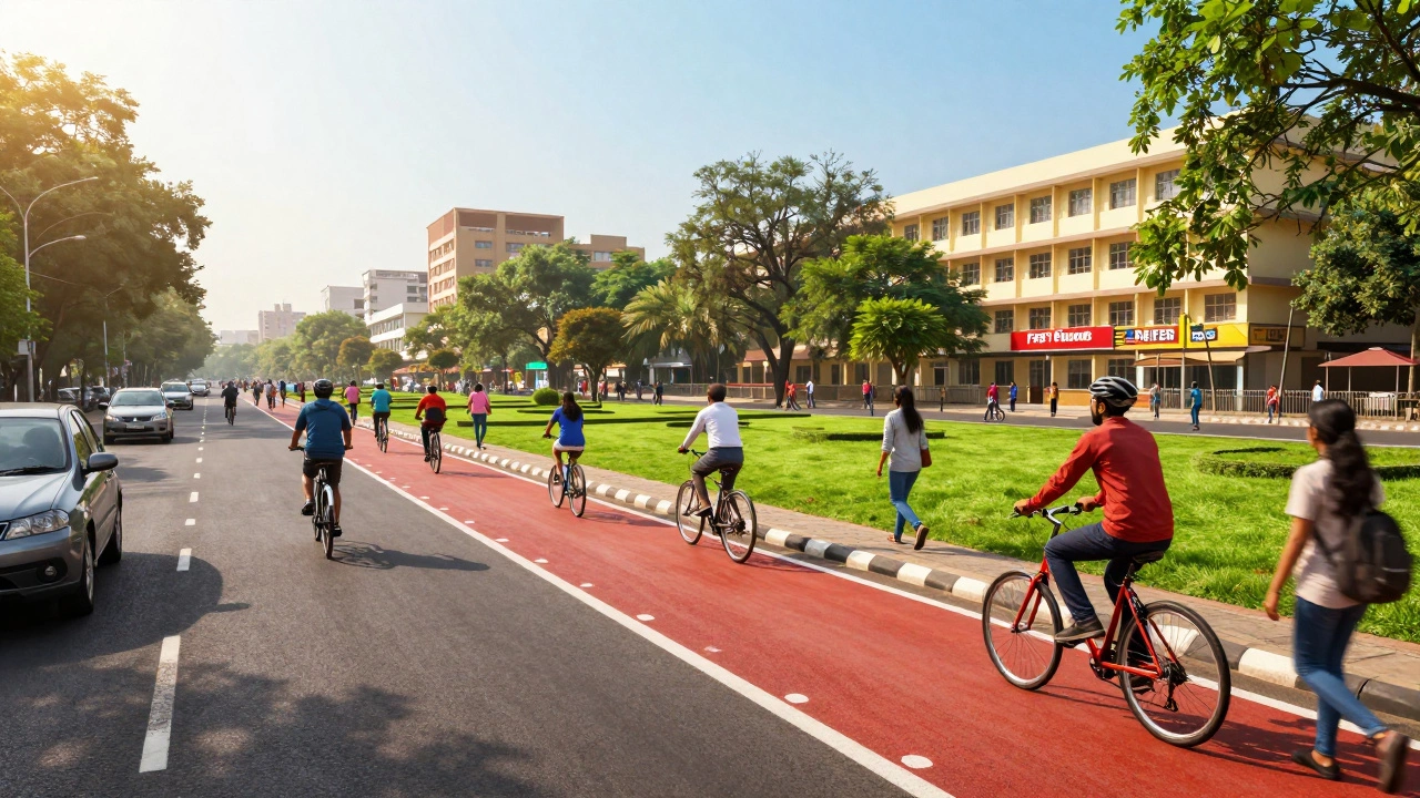 Urban street with bike lanes and parks promoting healthy living
