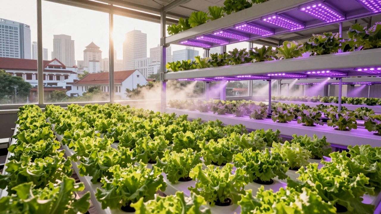 Vertical farm with LED-lit crops inside a building overlooking an urban Indian city.