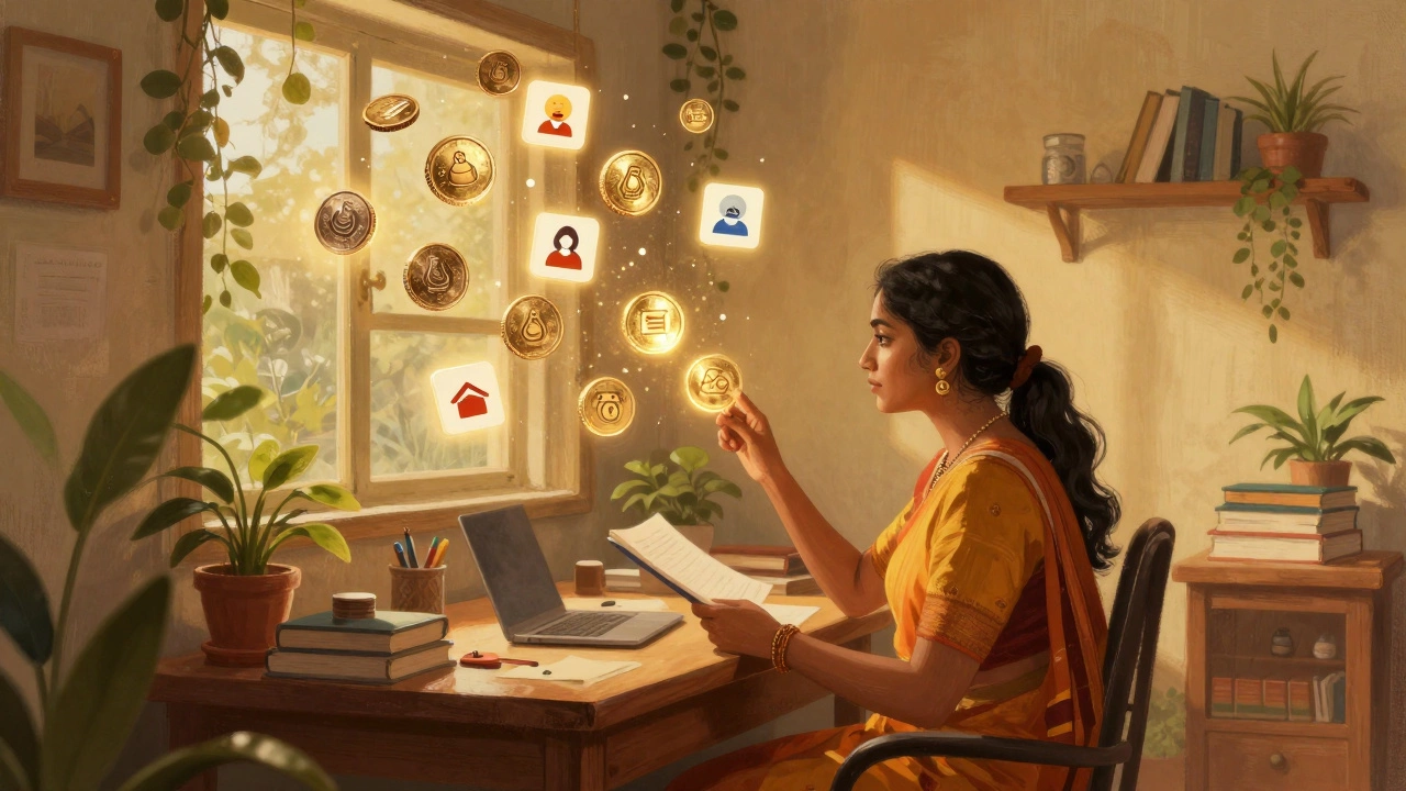 A researcher at a home desk with floating digital coins, illustrating self-funding and non-profit grants.