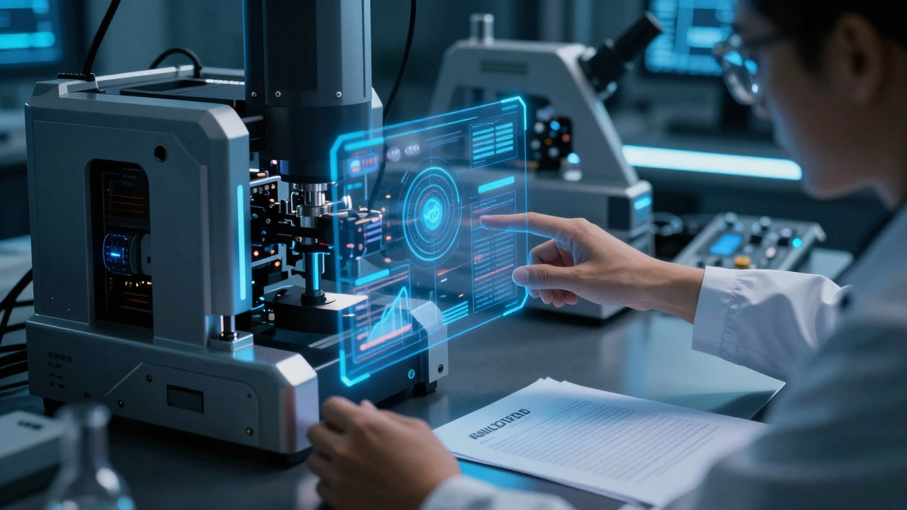 A scientist in a high-tech corporate lab with dramatic lighting, representing private industry funding.