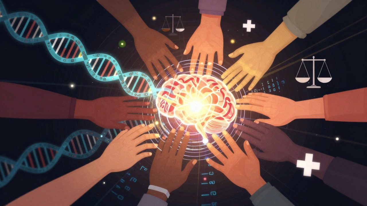 Abstract visualization of diverse disciplines merging to create new scientific insights.