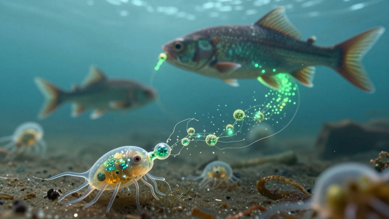Aquatic food chain showing bioaccumulation of nanoparticles in organisms