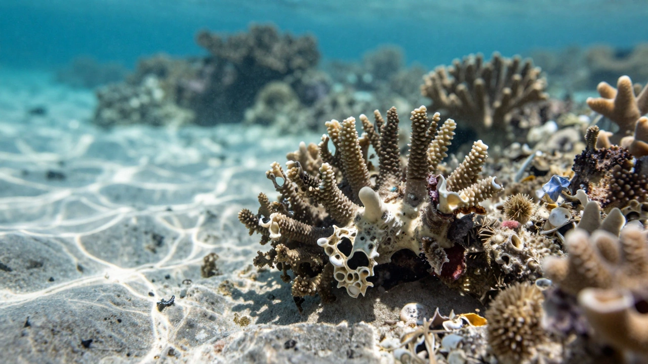 Bleached coral reefs illustrating ocean acidification effects