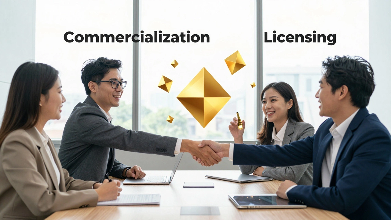 Business partners exchanging IP rights in boardroom