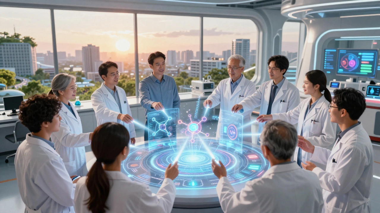 Diverse team of scientists collaborating around a holographic display of future tech