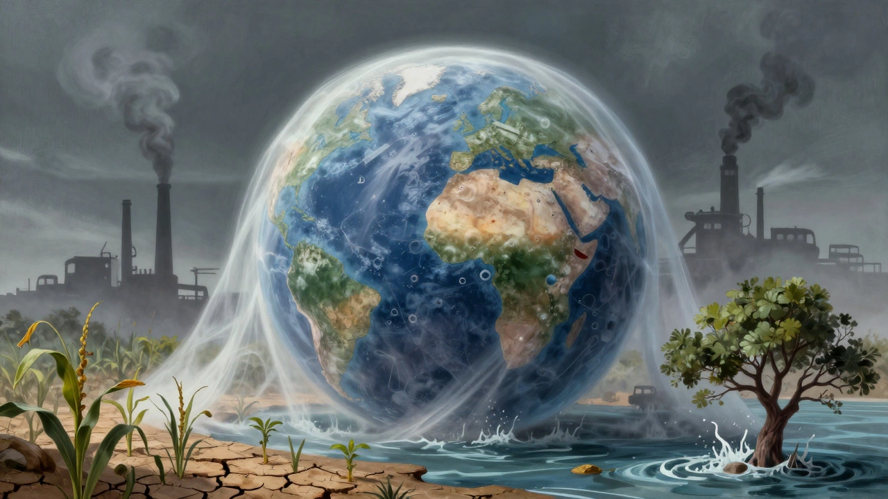 Earth wrapped in CO2 blanket with industrial background