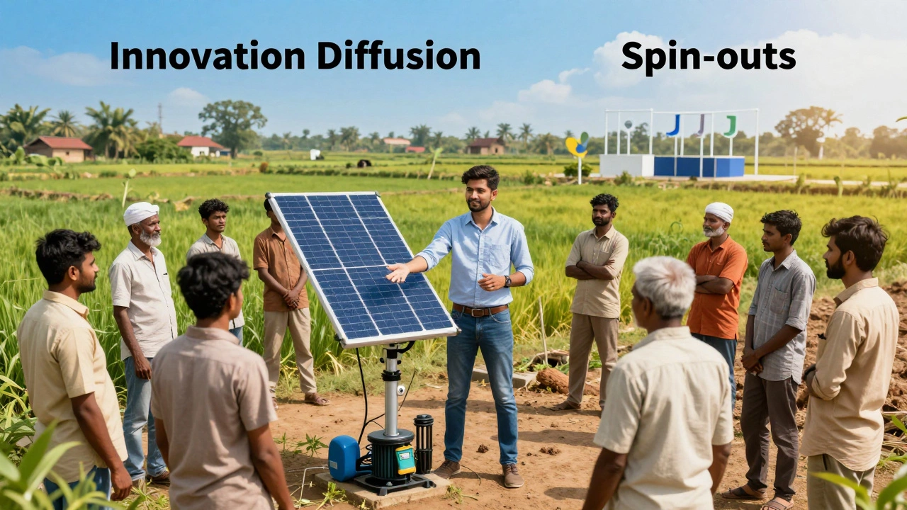 Entrepreneur demonstrating tech to farmers in India