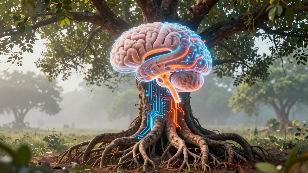 Holographic brain merging with tree roots and circuits