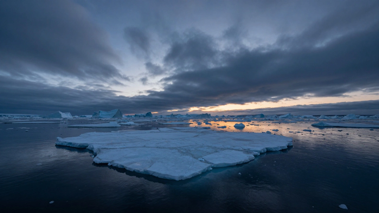 Melting Arctic ice and dark ocean water under dramatic sky