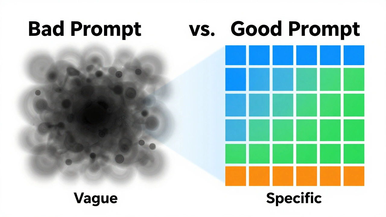 A comparative graphic illustrating the difference between vague and specific prompts, with a chaotic gray cloud on the left and an organized, colorful grid structure on the right, separated by a beam of light.
