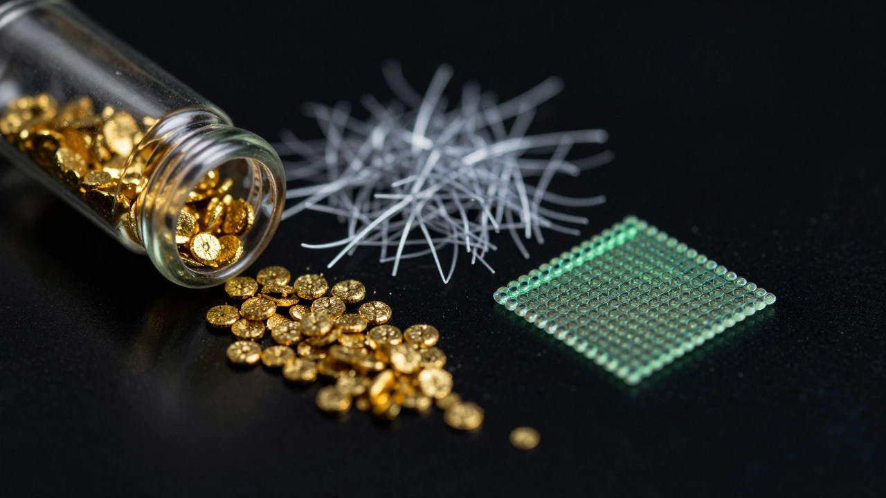 Close-up of expensive nanomaterials like gold nanoparticles and carbon nanotubes on a dark surface.