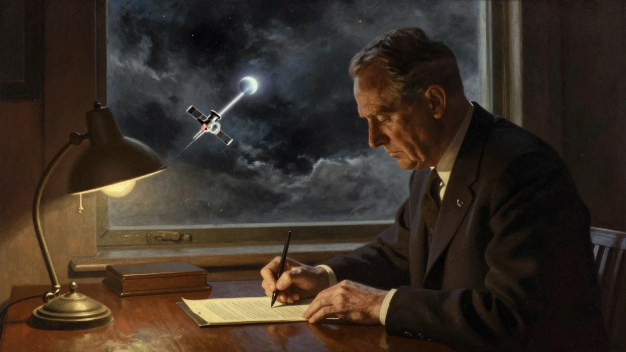 Eisenhower signing NASA act with Sputnik in background