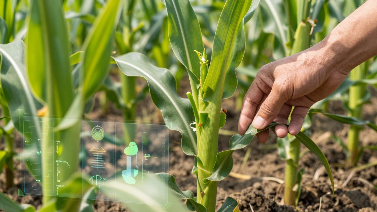 Healthy green cornfield with subtle genetic modification overlays.