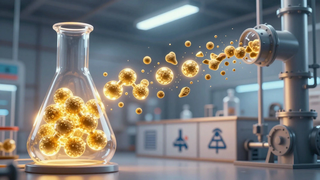 Illustration comparing precise lab nanoparticle production with inconsistent industrial manufacturing output.