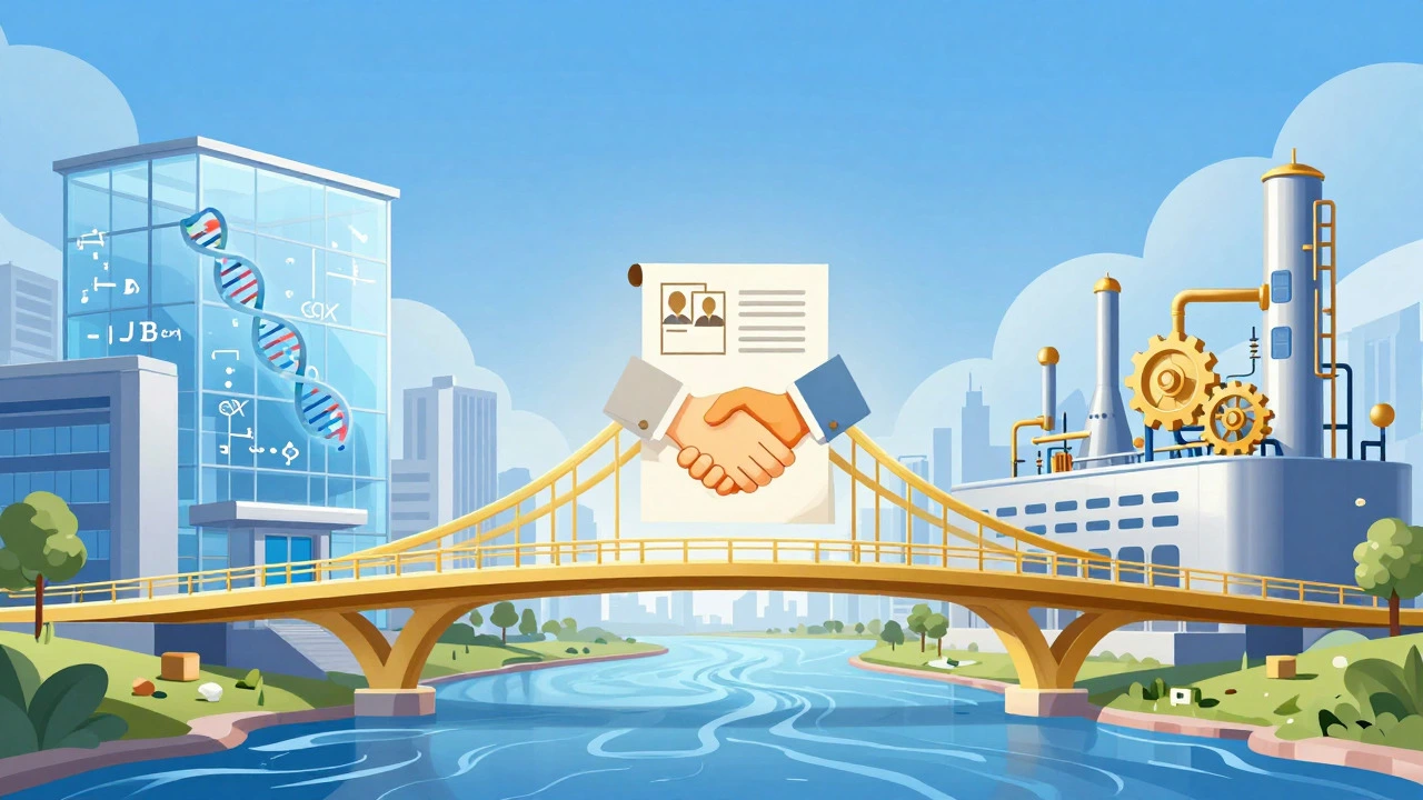 Illustration of a bridge connecting a research lab to a factory