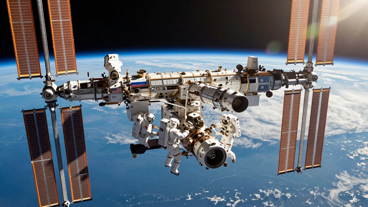 International Space Station orbiting Earth at sunrise